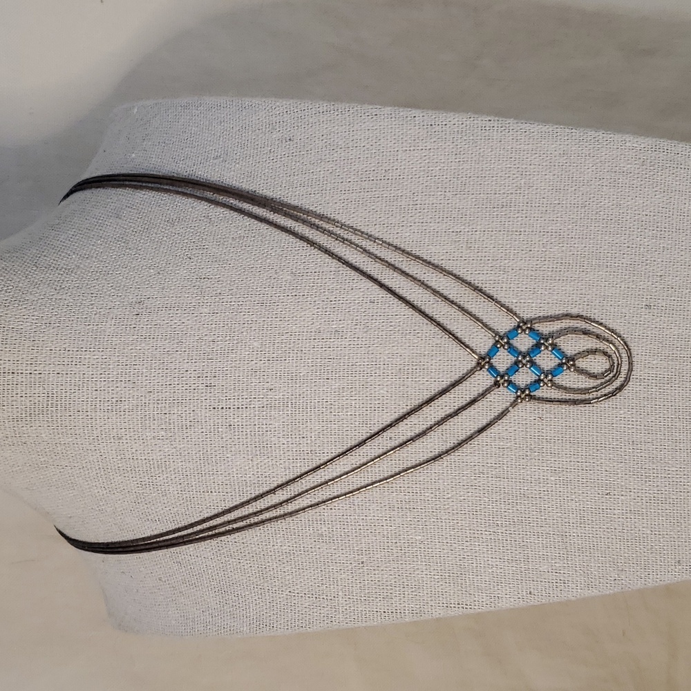 Vintage Native American Liquid Silver and Turquoise Woven Necklace